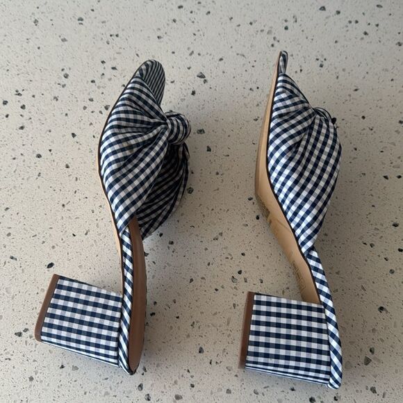 J. Crew Navy Gingham Knot Sandals Printed Mid Block Heel Women’s Size 10 EUC - Picture 5 of 14